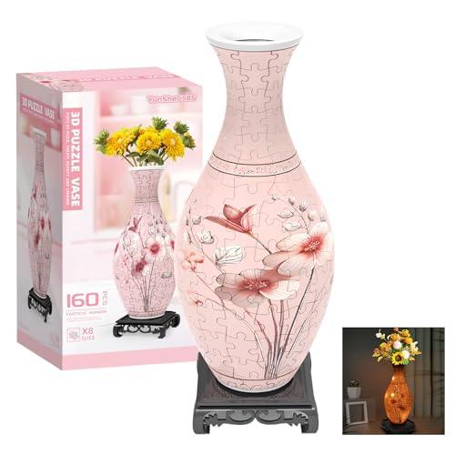 3D Puzzles Vase for Adults, Birthday Gifts for Women, 160 Pieces Plastic DIY Unique Flower Vase with LED Light, Crafts for Adults House Warming Gift for Flower Arrangements and Home Decor (Pink)