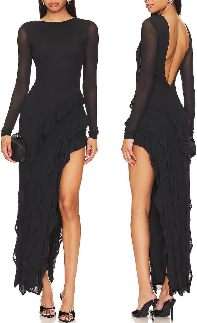 Women Long Sleeves Mesh Tassel Ruffle Maxi Dress With High Slit Party Dress | Asymmetrical Ruffle Hem Side Split Bodycon Dress Open Back Evening Gowns Prom Wedding Guest Date Night Cocktail Party Dress (Black, L)