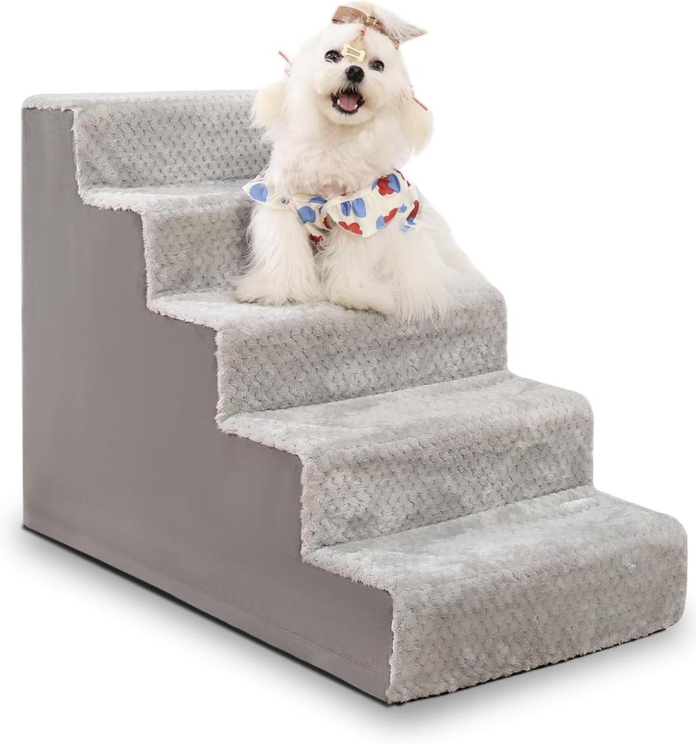 Dog Stairs for Small Dogs,22" H,5-Step Dog Steps for High Bed Couch and Sofa,Pet Stairs for Dogs and Cats Climbing with Non-Slip Bottom and Washable Cover,Light Grey