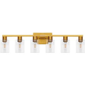 Gold 6 Light Bathroom Vanity Light Brush Gold Bathroom Light Fixtures Brass Vanity Lights for Bathrrom Large Wall Sconce with Clear Glass Shade E26 Socket