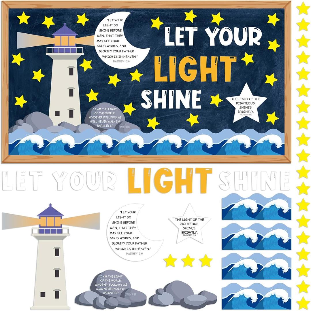 88 Pcs Let Your Light Shine Bulletin Board Set Christian Religious Bulletin Board Decoration Bible Verse Lighthouse Cutouts Christian Classroom Decor for Church Sunday School Wall