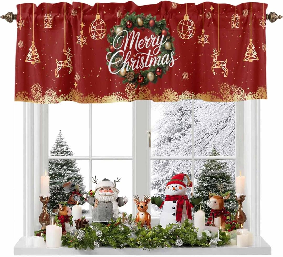 Black Christmas Valances for Windows, Xmas Wreath Farmhouse Short Window Curtain Valances, Elk Tree Golden Snowflake Rod Pocket Kitchen Valances for Living Room Bedroom Bathroom Cafe 60" x 18"
