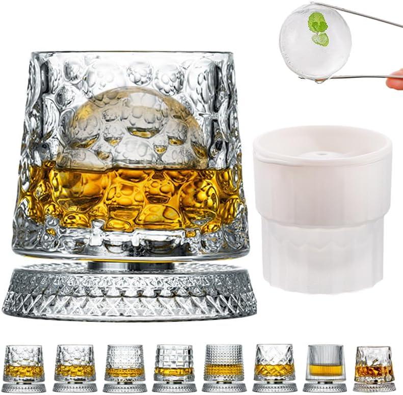 360 Degree Rotating Whiskey Glass Set with Ice Ball Mold, Crystal Clear Bourbon Scotch Glassware for Men, Fun & Novelty Gifts (Pattern 7)