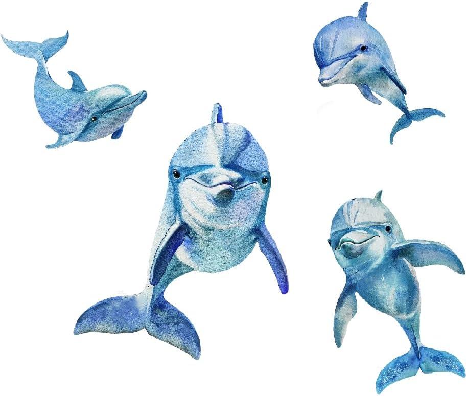 SUPERDANT Watercolor Dolphin Wall Stickers Blue Dolphin Wall Decal 4 PCS Cute Sea Animals PVC Decor DIY Art Wallpaper Decors Mural for Kids Bedroom Toddler Room Baby Nursery Bathroom