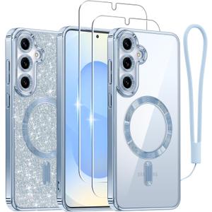 Meifigno Case Designed for Samsung Galaxy S25 Plus 6.7 inch, [Compatible with MagSafe] [2X HD Screen Protectors] [Glitter Card & Wrist Strap] Full Lens Protection Case for Galaxy S25 Plus, Icyblue