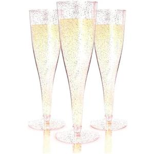 Prestee 24 Piece Plastic Champagne Flutes - 4.5 oz Plastic Wine Glasses with Rose Gold Glitter - Cocktail Glasses for Parties - Party Supplies for Mimosa Bar, Wedding, Shower Party and New Years Eve