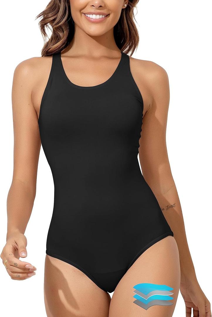 Beautikini Period Swimwear Women's One Piece Leak Proof Menstrual Bathing Suit Racerback Training Swimsuit for Teens Girls (Medium, Black)