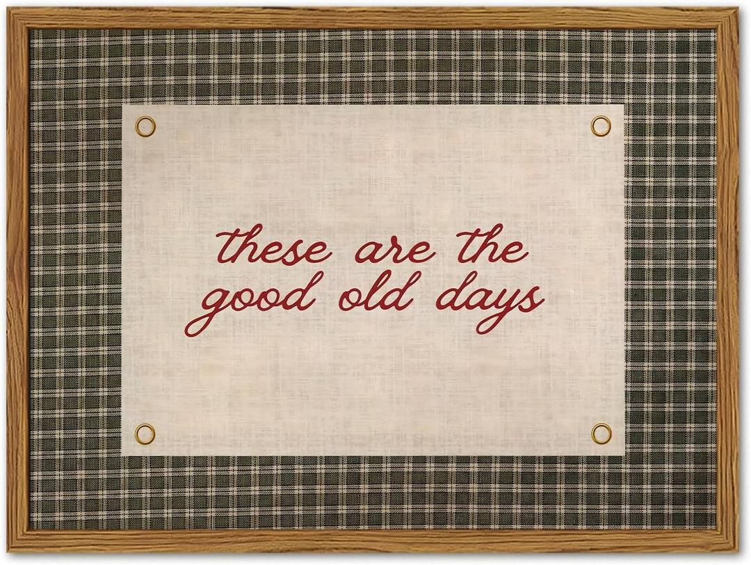 Framed These Are The Good Old Days Wall Art, Vintage Family Inspirational Quote Pictures Wall Decor, Retro Green Gingham Paintings Prints Motivational Home Decor for Living Room Bedroom 16x24 inch