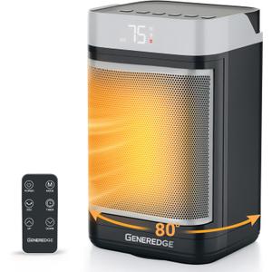 GENEREDGE Portable Space Heater for Indoor Use  1500W PTC Electric Heater with Digital Thermostat, Remote Control, 80°Oscillation, Timer, Fan & Quite Eco Mode, Rapid and Safe Heating for Bedroom
