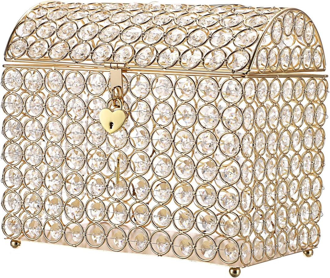ELLDOO Crystal Wedding Card Box with Heart Lock, Money Card Box Treasure Chest Style Gold Gift for Wedding Receptions Centerpiece Decor Anniversary Keepsake Gift Display Csae, Medium