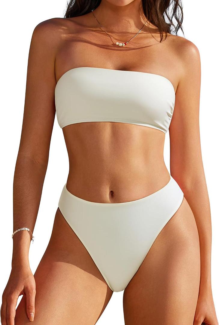SUUKSESS Women Sexy High Waisted Bikini Set Cheeky 2 Piece Bandeau Bathing Suit (M)