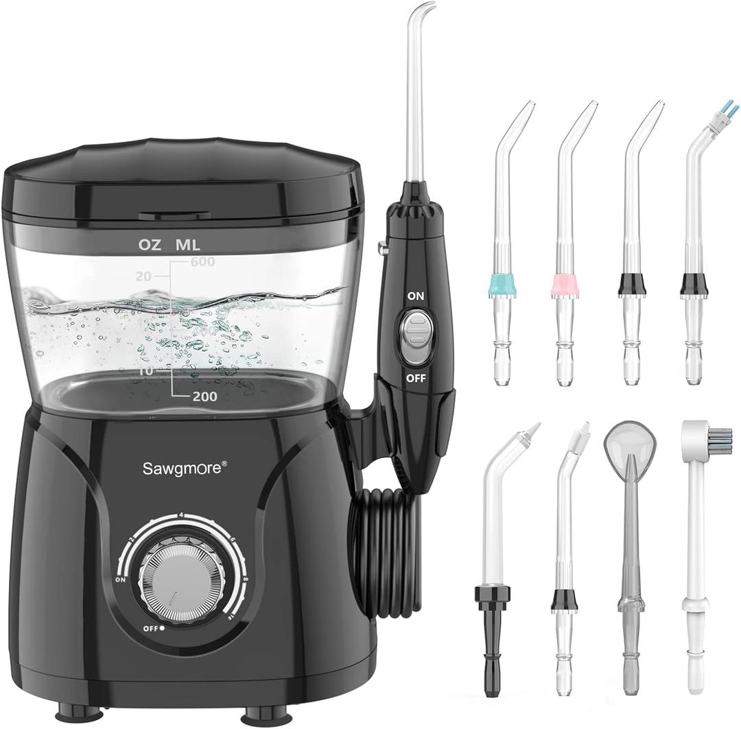 Sawgmore FC166 Water Flosser for Teeth/Braces, 600 ml Large Capacity, 10 Adjustable Pressures, 8 Home Nozzles Oral Irrigator for Teeth Clean(Black)