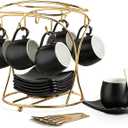 LYEOBOH Espresso Cups with Saucers Set, 3 Ounces Porcelain Coffee Cups with Metal Stand and Spoons, Cappuccino Cups Cute Demitasse Cups for Coffee Drinks, Latte, Tea Set of 6, Black