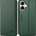 SHIELDON Case for iPhone 16 5G 2024, Genuine Leather Wallet Flip RFID Blocking Card Slot Kickstand Magnetic Shockproof TPU Phone Holder Case Compatible with iPhone 16 6.1" - Evergreen