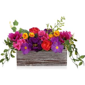 DILATATA Flower Arrangement with Wooden Vase 10" Artificial Flowers in Pot - Fake Flowers in White Rectangular Wooden Vase Potted Faux Flower Centerpieces for Table Decor Living Room - Purple