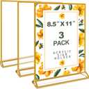 3 Pack Acrylic Sign Holder 8.5 x 11 Inch Gold, Double Sided Clear Display Stand for Wedding Table Numbers, Menu Holder, Picture Frame, Crystal Plastic Sign Holder for Office, Restaurant, Party