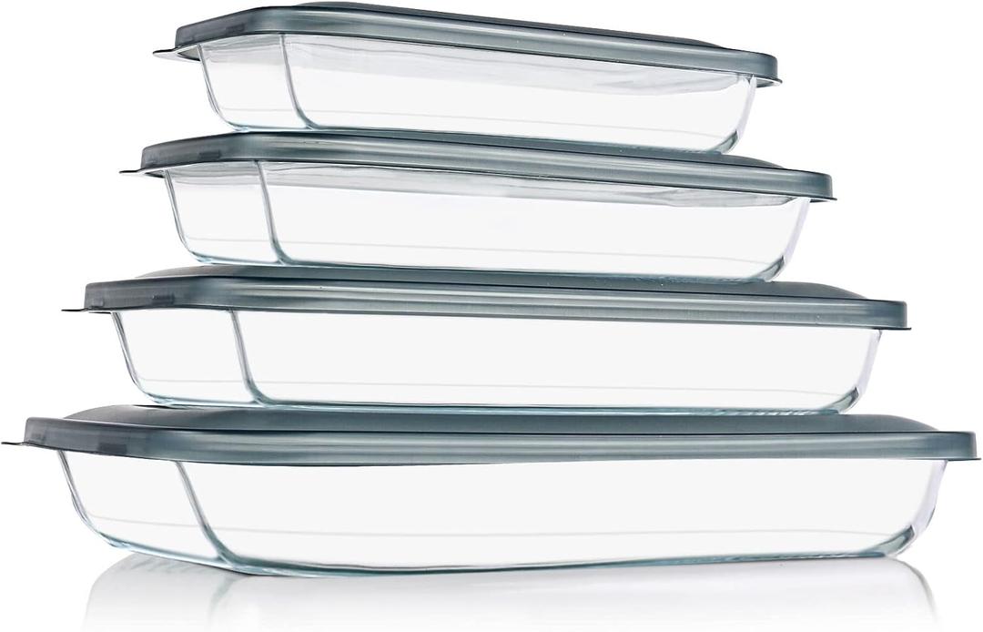 8 Pieces Glass Baking Dish with Lids Rectangular Glass Baking Pan Bakeware Set with Lids, Baking Pans for Lasagna, Leftovers, Cooking, Kitchen, Fridge-to-Oven, Gray
