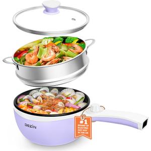 Dezin Hot Pot Electric with Steamer Upgraded, Non-Stick Saut Pan, Rapid Noodles Electric Pot, 1.5L Mini Pot for Steak, Egg, Fried Rice, Ramen, Oatmeal, Soup with Power Adjustment (Purple 2)