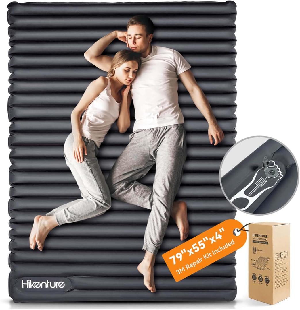 Hikenture Double Sleeping Pad for Camping, Ultralight 4" Extra-Thick Camping Mattress 2 Person, Inflatable Backpacking Sleeping Mat, Hiking Air Mattress for Tent (Grey Footpump 79x55in)