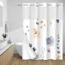 No Hook Shower Curtain with Snap in Liner - Watercolor Floral Shower Curtain - Fabric Waterproof Inner Liner, Plants Blue Beige Flowers White Cloth Shower Curtains Washable, 71 x 74 Inch