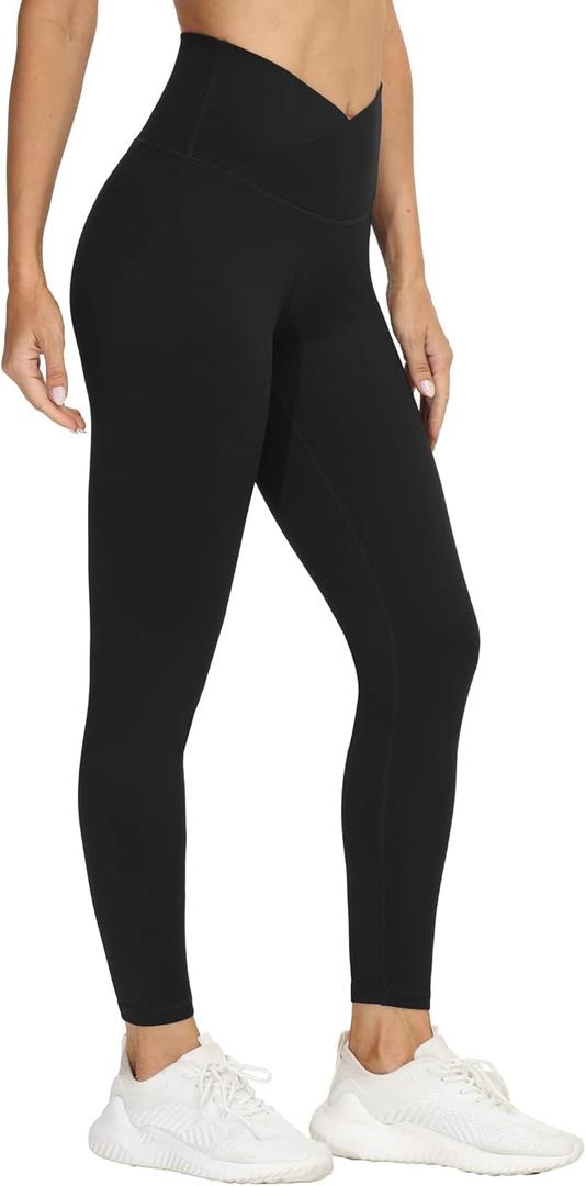 THE GYM PEOPLE Women's V Cross Waist Yoga Leggings with High Waisted Tummy Control (Small, Black)