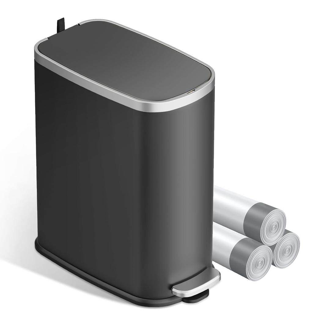 KUK Slim Bathroom Can with Lid Soft Close, Step Pedal, 2.6 Gal/ 10L Stainless Steel Garbage Can with Removable Inner, Anti-Fingerprint Wastebasket for Office, Bedroom, Toilet (Black)