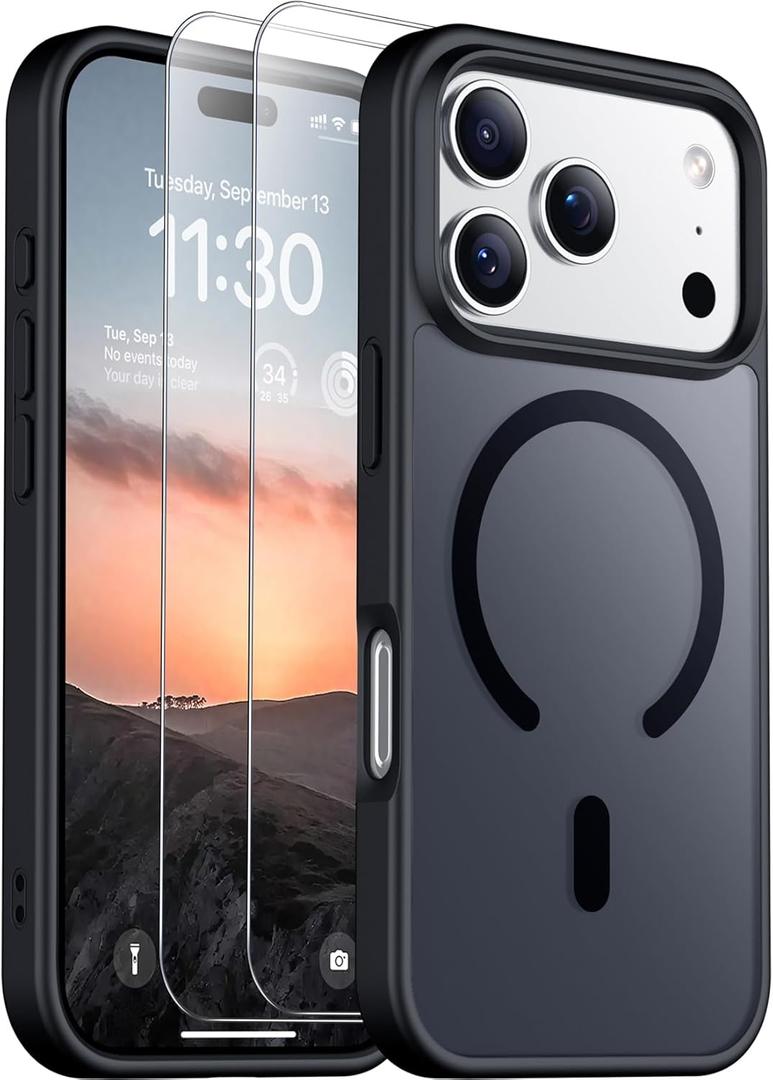 SPIDERCASE for iPhone 17 Pro Max Case, Magnetic Translucent Matte Case with 2PCS Tempered Glass Screen Protector Slim Phone Case for iPhone 17 Pro Max 6.9'', Black