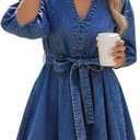 BISUAL Womens Denim Dress Casual Jean Dress Loose Fit Slim Denim Dress Belt Denims Dresses for Women 2026 with Pocket Dark Blue US L