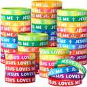 50 Pcs Jesus Loves Me Wristbands Bulk 10 Styles Rainbow Religious Silicone Bracelets Christian Cross Silicone Wristbands Gift for Bible School Church Group