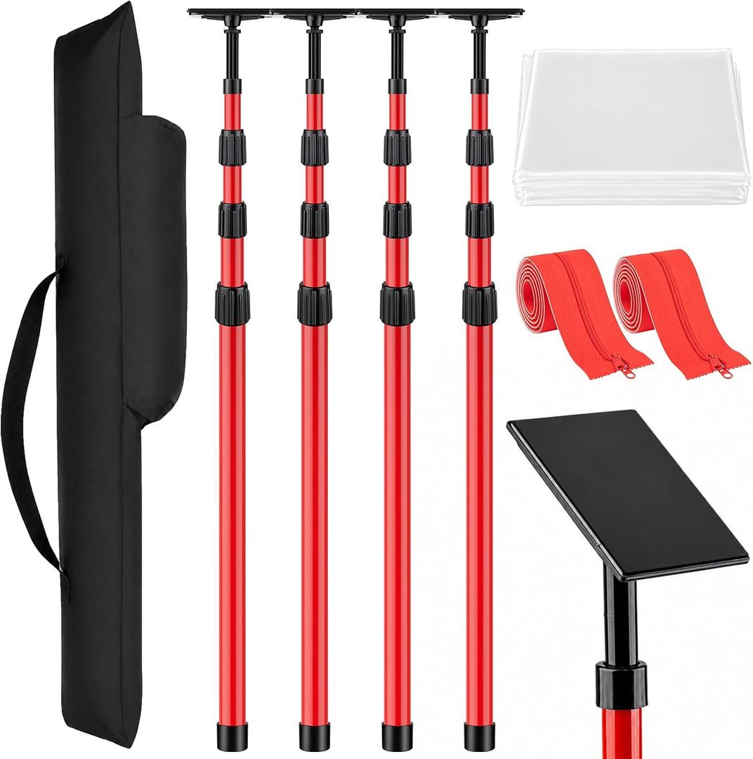 3.9-12FT Dust Barrier Poles Kit - Tool-Free Setup (4 Pack, Red)