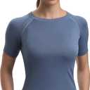 RUNNING GIRL Seamless Workout Shirts for WomenShort Sleeve T-Shirt Stretch Tees Quick Dry Gym Athletic Tops (Blue, XL)