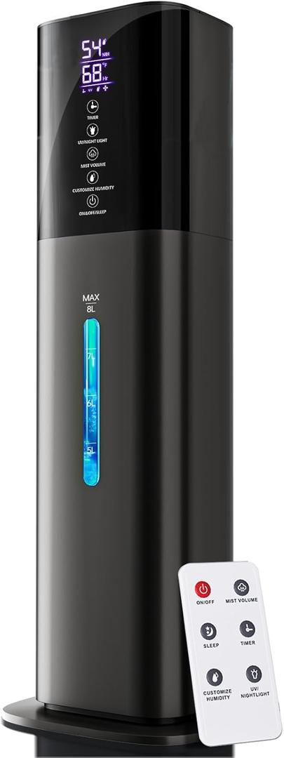 2.11Gal Ultrasonic Cool Mist Humidifier with Timer and Humidistat for Large Rooms - Home, Bedroom, Baby, Adults, Plants (Black)