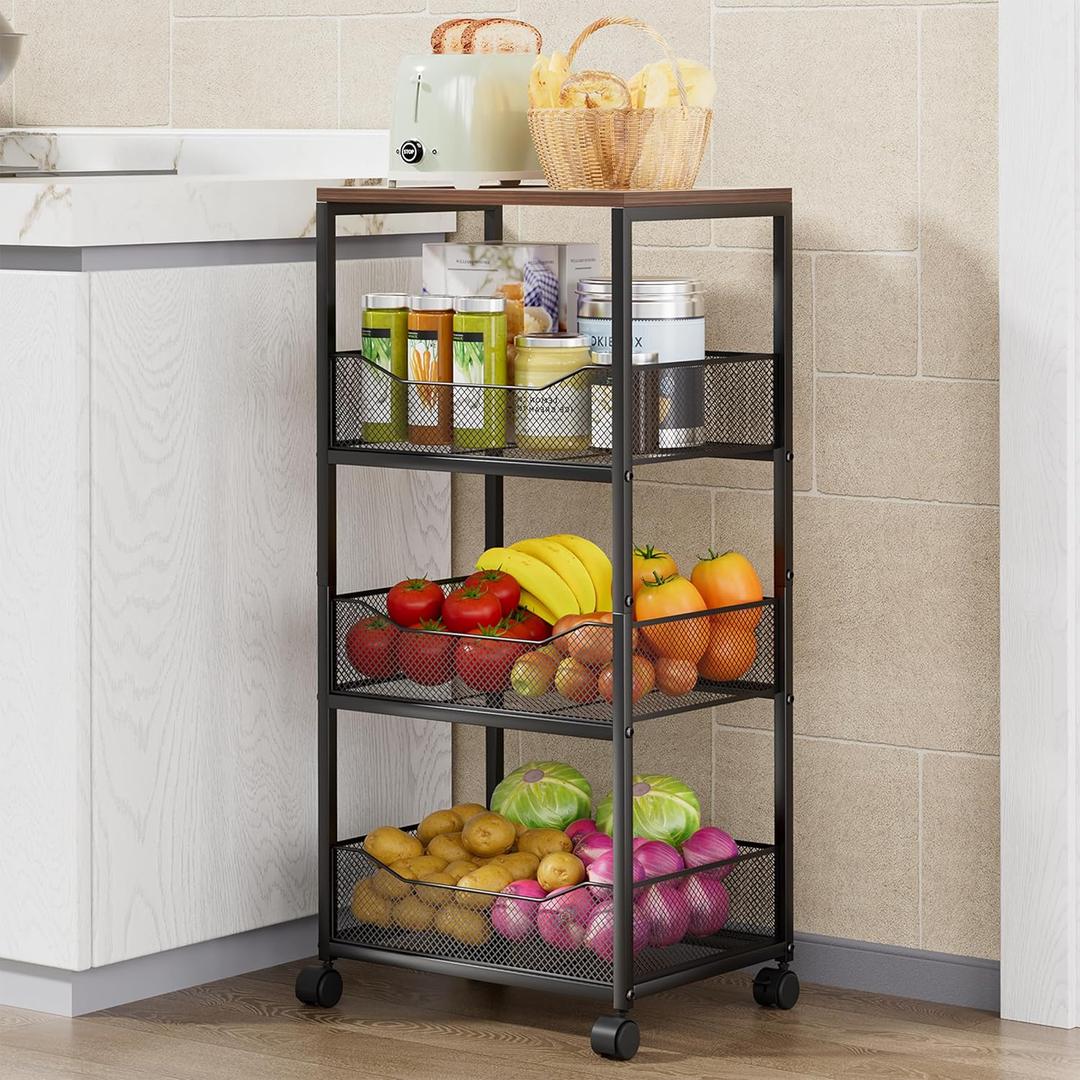 HapiRm Fruit Basket Kitchen Cart - 4-Tier Rolling Storage Cart with Wheels, Fruit Vegetable Basket with Wood Top, Pantry Utility Kitchen Organizer for Fruit Potato Onion Vegetable Bread Snack (Black)