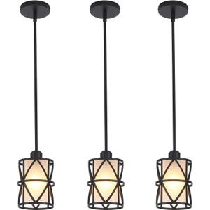 3 Pack Pendant Light Kitchen Island Pendant Light, Stem Rod Hanging Light with Spiral Cage Frosted Glass Shade, Black Modern Indoor Hanging Lamp