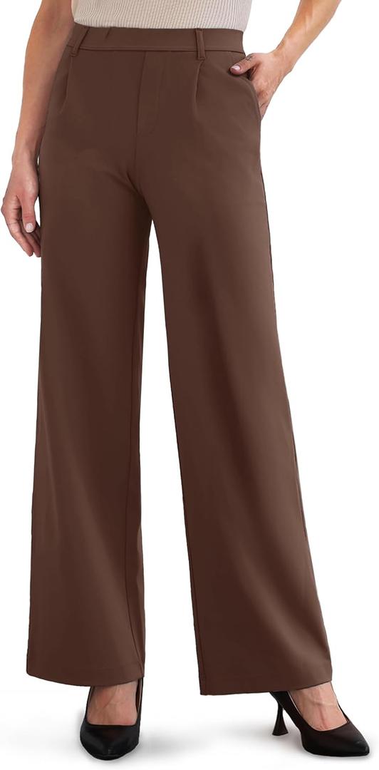 ESOFT Womens Dress Pants 27"/29"/31 Business Work Pants Wide Leg Pull On High Waisted Casual Stretchy Trousers Pockets (Brown, XS)