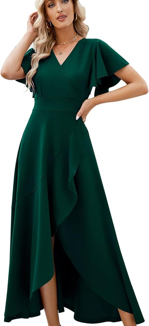 Long Black Formal Dresses for Women Gowns Evening Party Cocktail Dress,Split Elegant V Neck Wrap Ruffle Wedding Guest Dresses (Green, L)