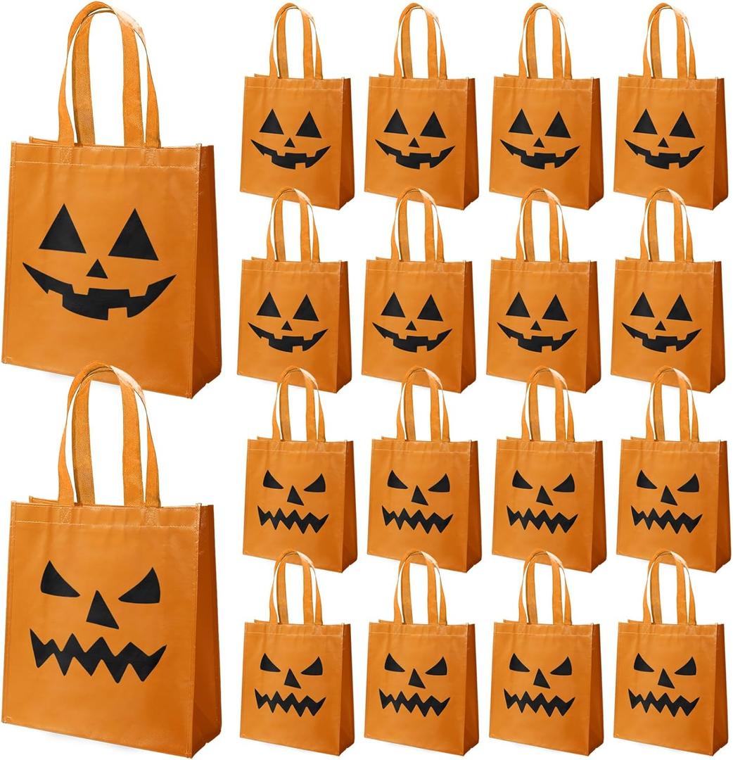 VDESFUEBY 20Pcs Halloween Trick or Treat Bags, Halloween Pumpkin Party Favor Bags Non-Woven Pumpkin Bag, Goodie Candy Bag for Birthday Party Favors