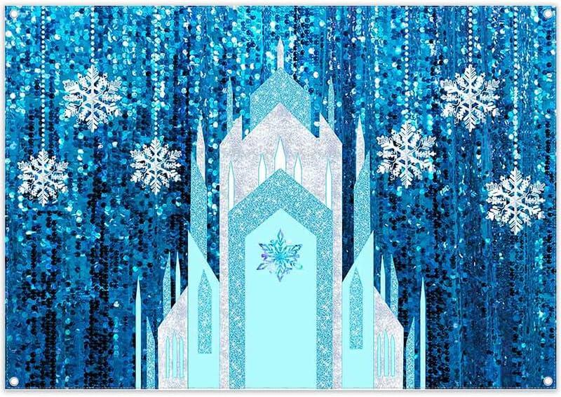 2D Digital Printing Photo 7x4.9ft Polyester Fabric Ice Snow Castle Backdrop Girl Birthday Indoor Party Decoration Princess Banner Snowflake Curtain (No Glitter No Sequin) Winter Booth Props (84x60inch)
