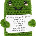 Get Well Soon Pickle, Green Funny Positive Cucumber with Card Woolen Yarn Gifts for Family & Friends After Surgery Knitted Emotional Crochet Doll Healing Gift for Encouragement Support