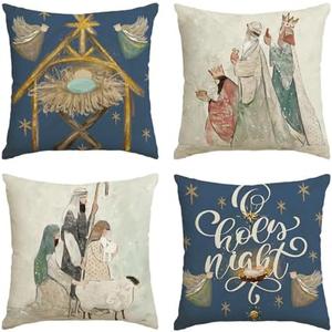 AVOIN colorlife Christmas O Holy Night Jesus Snowflake Throw Pillow Covers, 18 x 18 Inch Xmas Winter Holiday Cushion Case Decoration for Sofa Couch Set of 4