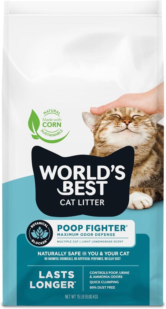 WORLD'S BEST CAT LITTER Poop Fighter Maximum Odor Defense, 15-Pounds - Natural Ingredients, Quick Clumping, Flushable, 99% Dust Free & Made in USA - Long-Lasting Odor Control & Easy Scooping