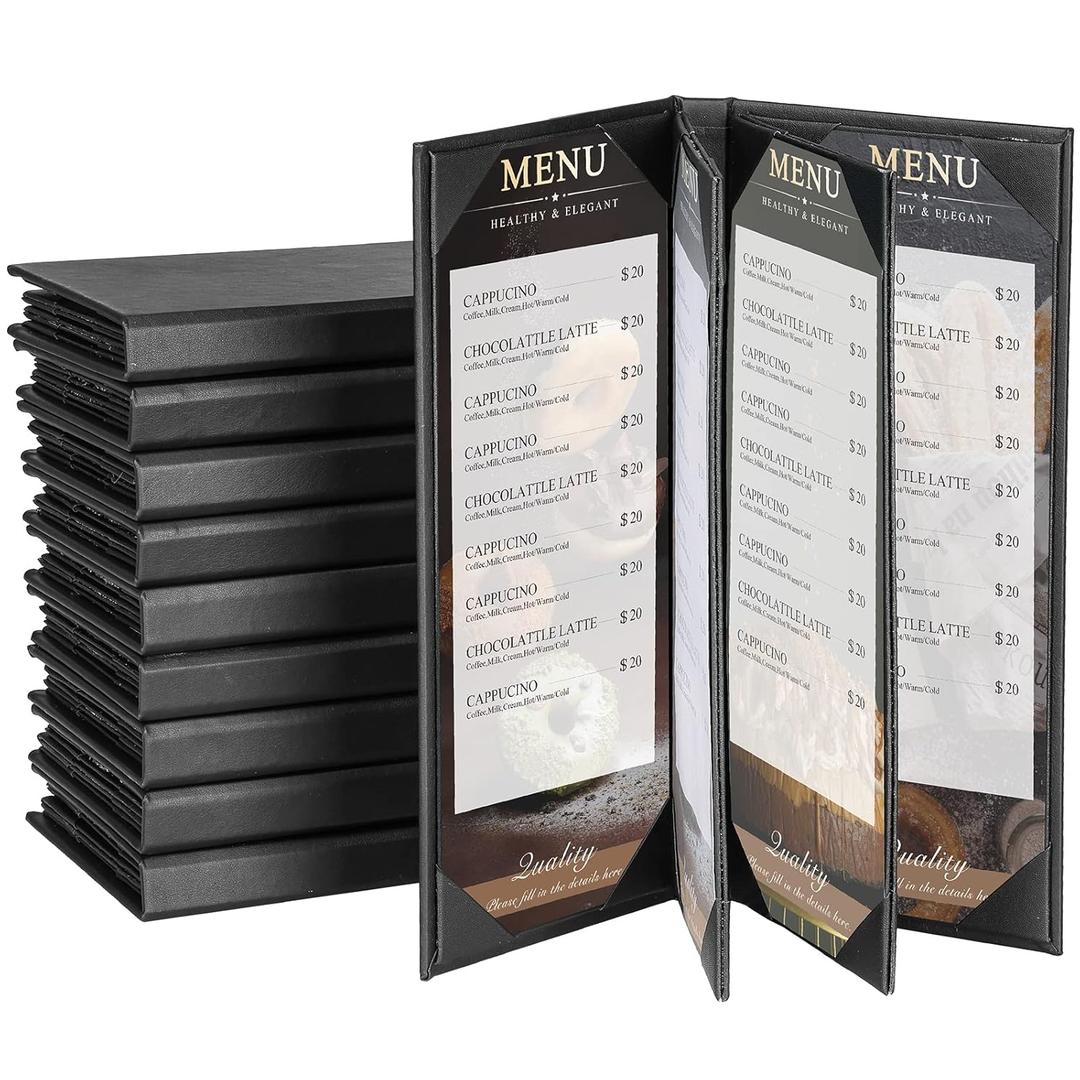 Menu Holder Menu Covers 4.25" x 11" | 10 Pack Black Leather Menu Sleeves Book Style for Restaurant Coffee Bars Wine List (6 View, 10 Pack)