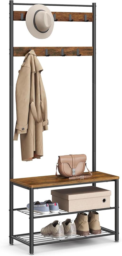 VASAGLE Coat Rack, Hall Tree with Shoe Storage Bench, Entryway Bench with Shoe Storage, 3-in-1, Steel Frame, for Entryway, 12.6 x 27.6 x 68.9 Inches, Industrial, Rustic Brown and Black UHSR41BX (27.6"W, Rustic Brown + Black)