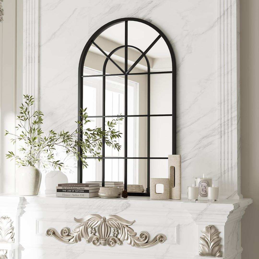 Wall Mounted Mirror, Arched Bathroom Wall Mirror, 30"x20" Windowpane Arch Top Mirror, Farmhouse Mirror, Window Mirrors with Metal Frame, Mirrors Wall Decor for LivingRoom or Bedroom (Black)