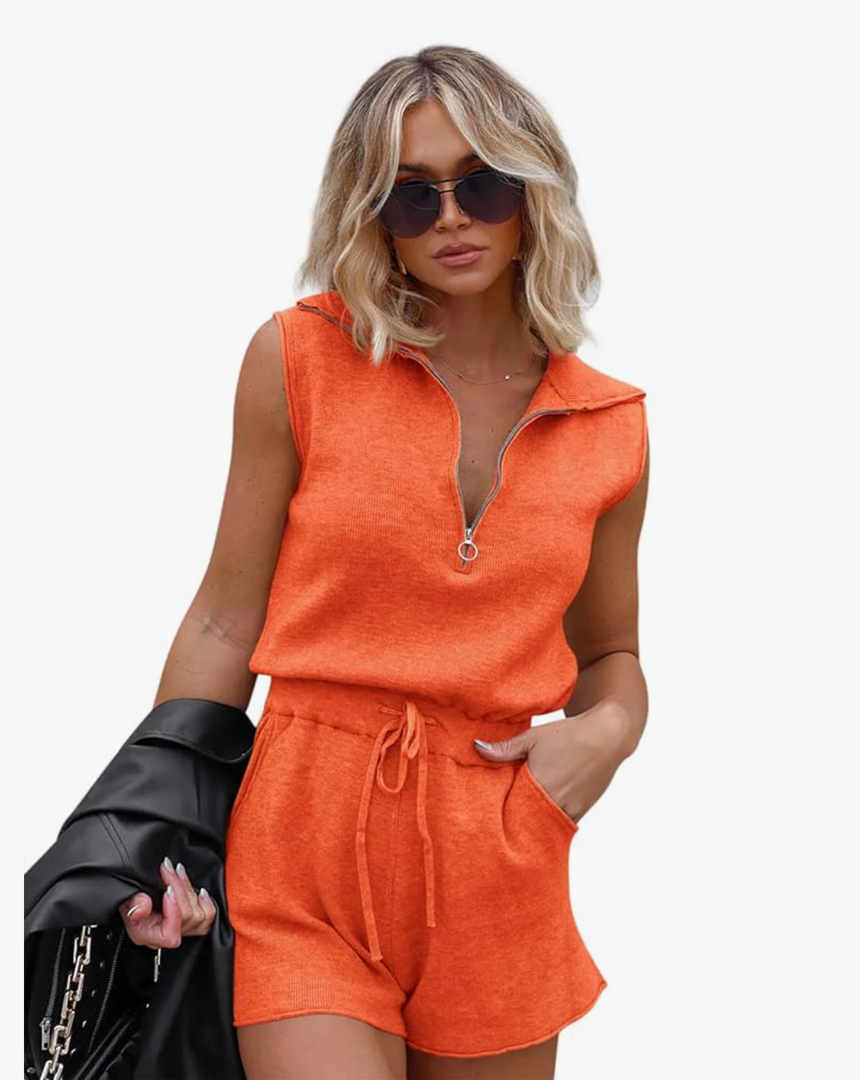 Yousify Women's Casual Sleeveless Short Rompers Summer Half Zip Lapel Collar Drawstring Knit One Piece Jumpsuit with Pockets Orange, Size L