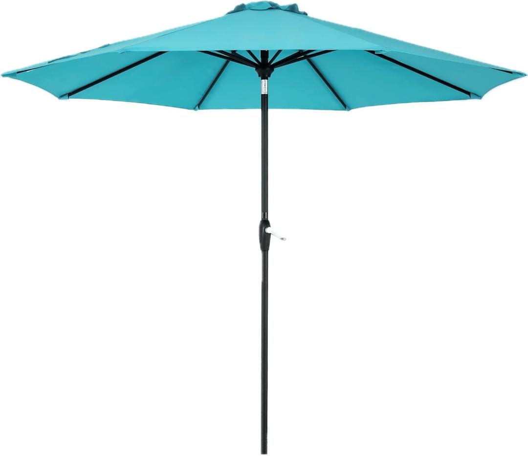 Tempera Striped Patio Umbrellas Outdoor Table Market Umbrellas with Crank & Pust Button Tilt|Auto-Tilt, 8 Steel Ribs, High Color-Fastness Canopy (Turquoise)