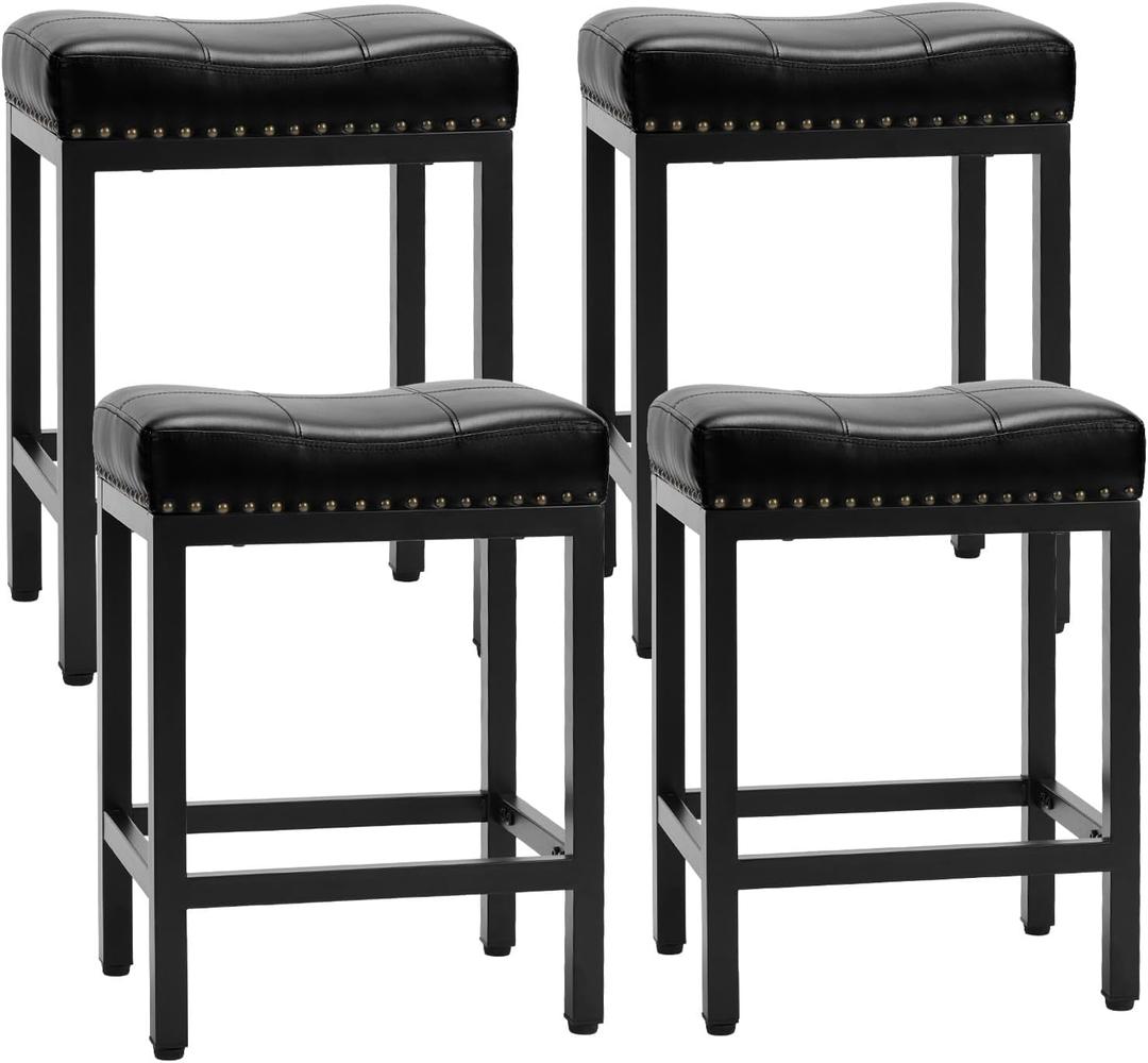 Sweetcrispy Bar Stools Set of 4, 24 Inch Counter Height Stools, PU Leather Upholstered Bar Chairs with Footrest, Modern Bar Stools for Kitchen Island, Dining, Living Room, Black