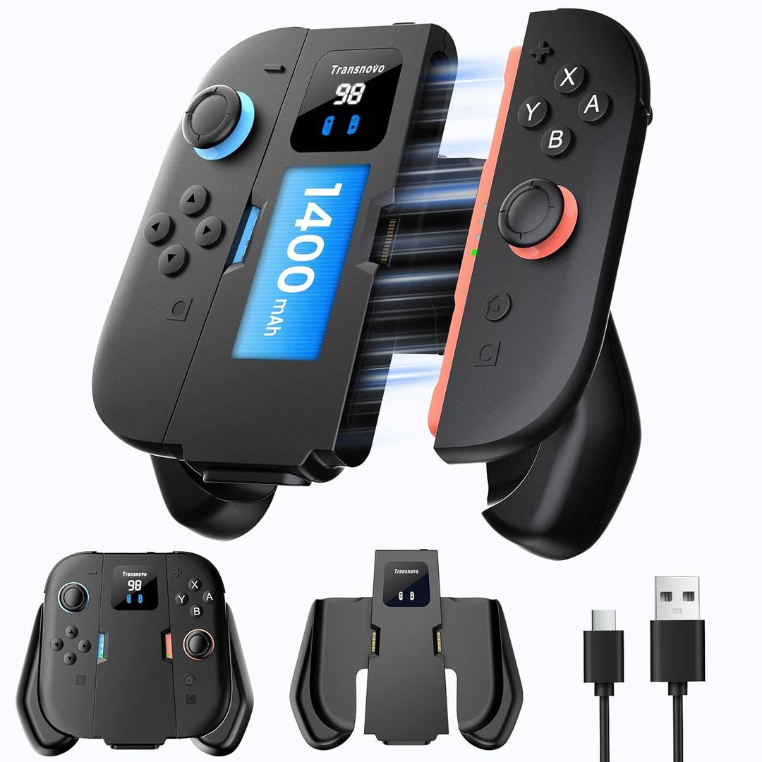 TRANSNOVO Charging Grip Compatible with Nintendo Switch 2 Joy-Con (2025), Ergonomic Controller Charger Grip Handle with 1400 mAh Built-in Battery, Magnet Lock, LED Indicator, Play & Charge While Gaming
