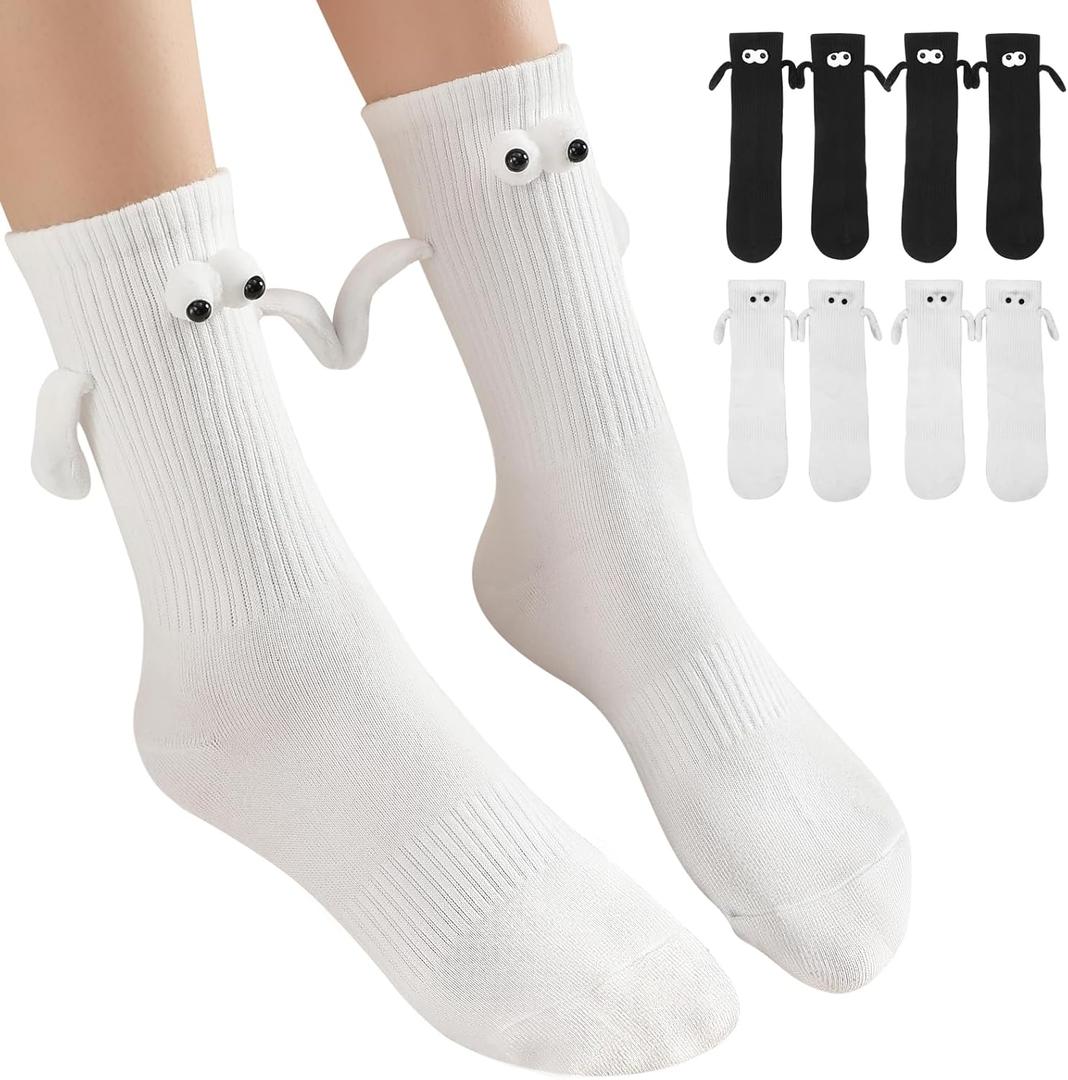 4 Pairs Funny Socks, Magnetic Holding Hands Socks, These Suit Both Men and Women (White)