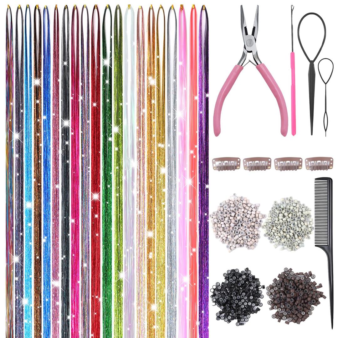 Hair Tinsel - 20 Colors Hair Tinsel Kit - 8000 Strands 48 Inch Glitter Tinsel Hair Extensions with Tools - Heat Resistant Sparkling Fairy Hair Accessories for Girls & Women